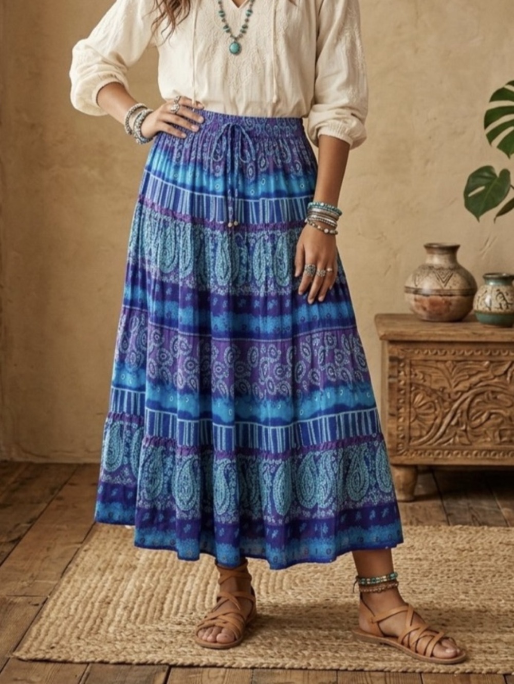 Vintage 100% Cotton Paisley Boho Maxi Skirt in Vibrant Blue & Purple Size Medium